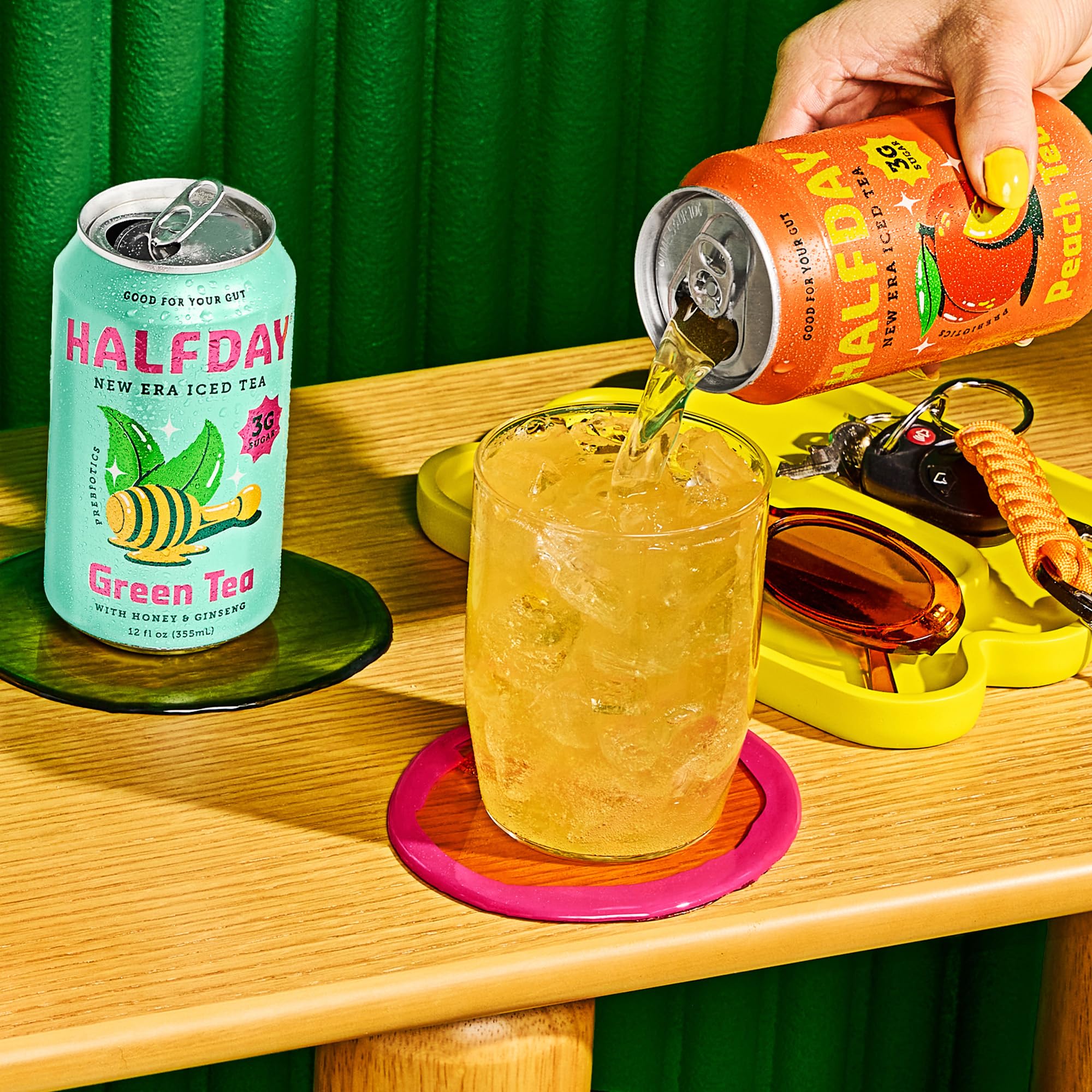 HALFDAY Prebiotic Iced Tea Lemon, Peach & Green Tea Variety Pack, Supports Digestive & Gut Health, Plant Fiber & Prebiotics, Low Sugar, 30 Calories, Natural Caffeine, Gluten Free, 12 fl oz (12 pack) Packaging May Vary