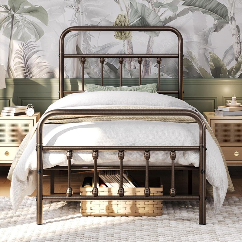 Yaheetech Classic Metal Platform Bed Frame Mattress Foundation with Victorian Style Iron-Art Headboard/Footboard/Under Bed Storage/No Box Spring Needed/Twin Size Bronze