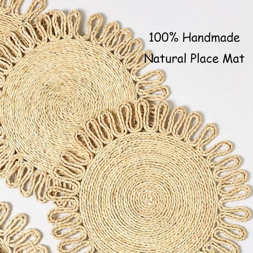 IcosaMro Round Woven Placemats for Dining Table Set of 6 Small Natural Braided Rattan Tablemat Flower Wicker Charger Plates for Holiday Christmas Kitchen Table Mat, Beige, 12.5 Inches