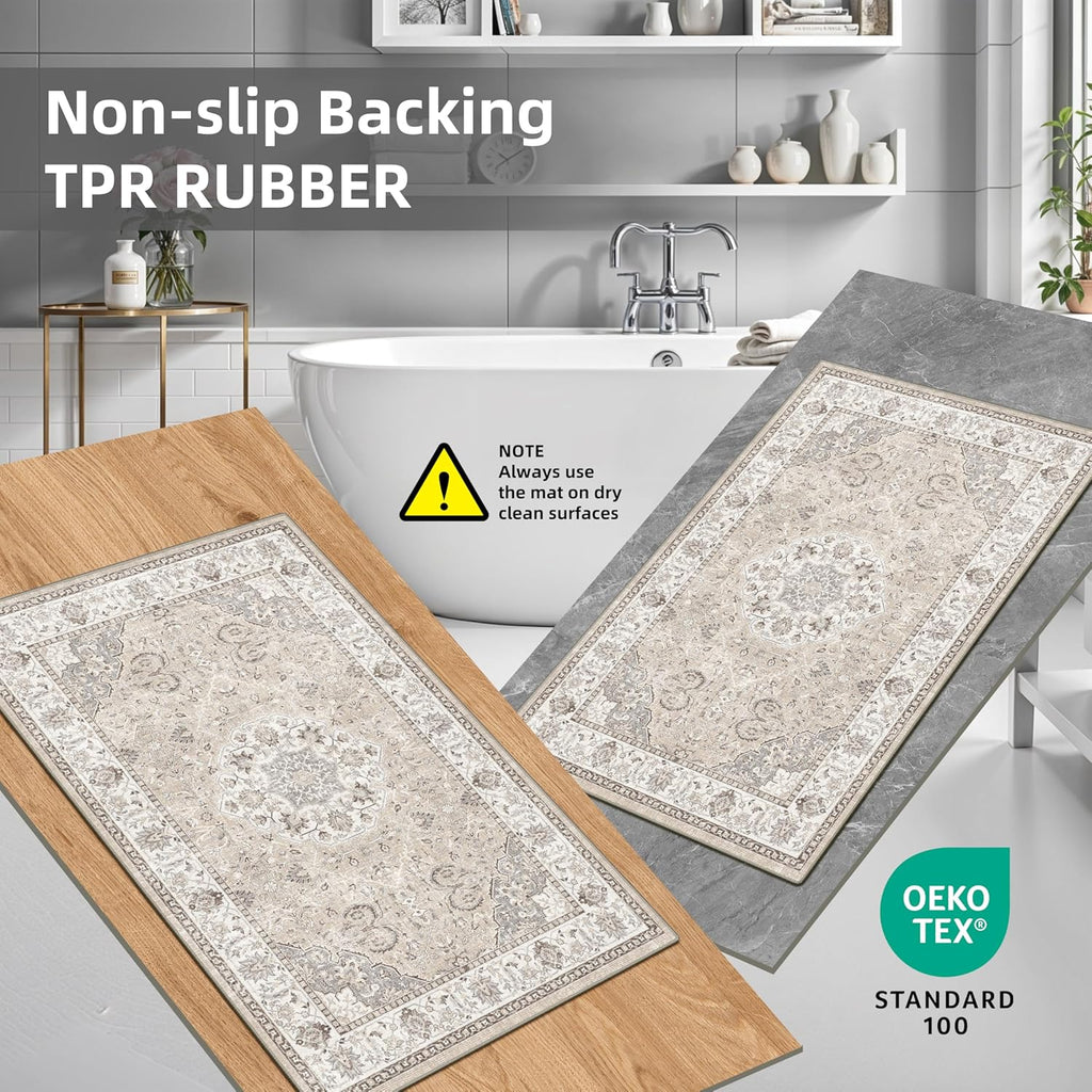 Skiennix Kitchen Runner Rug Set - Washable Non-Slip Floor Mats for Sink & Stove | Soft Low Pile, Water-Resistant, Beige (2x3 + 2x4)