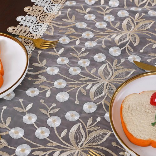Lace Table Runner Floral Embroidery Fabric Rustic Table Runners Elegant Chic Table Transparent Cover for Home Dining Room Tabletop Decor Wedding Party Dresser (Champagne&White, 16 x 87 Inch)