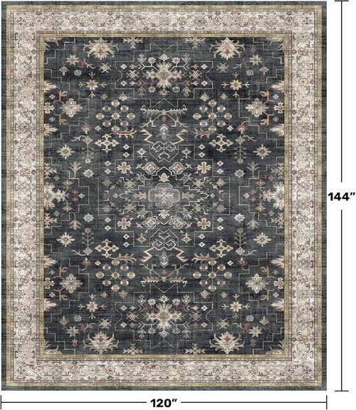 Boho Black Area Rug by [Brand Name] - Washable 10x12 Soft Low Pile Carpet for Living Room & Dining Room | Non-Slip & Stain Resistant