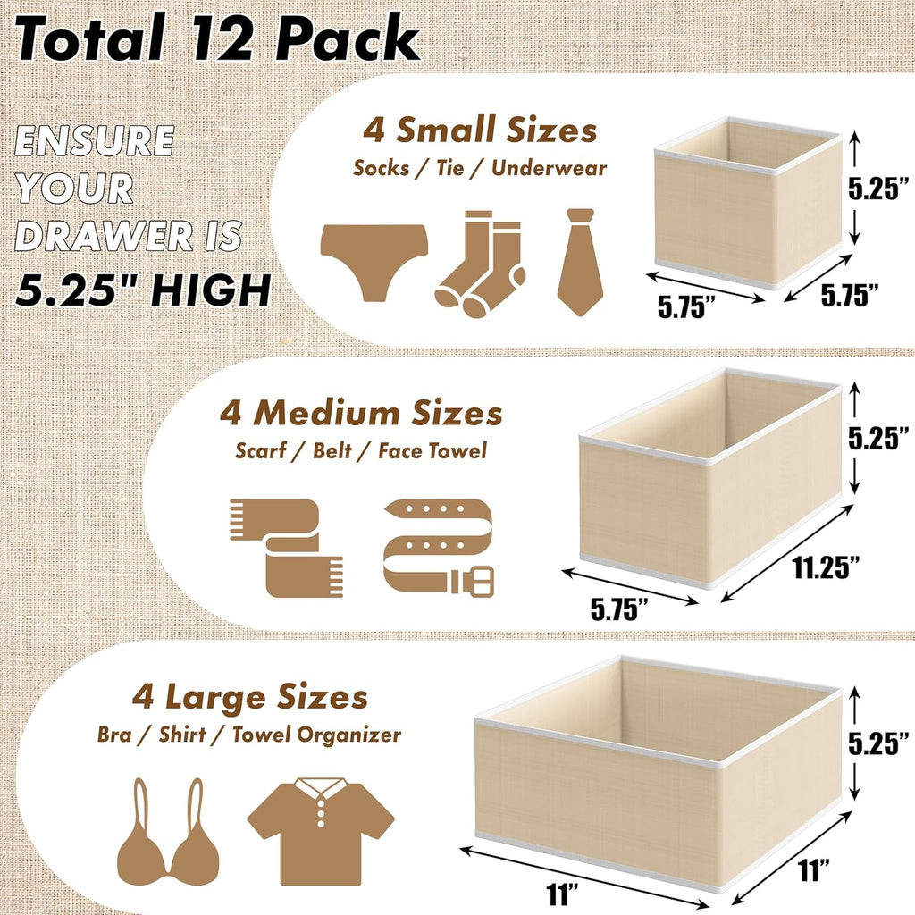 Simple Houseware Foldable Drawer Organizer Set - 12 Beige Fabric Storage Bins for Clothes & Accessories