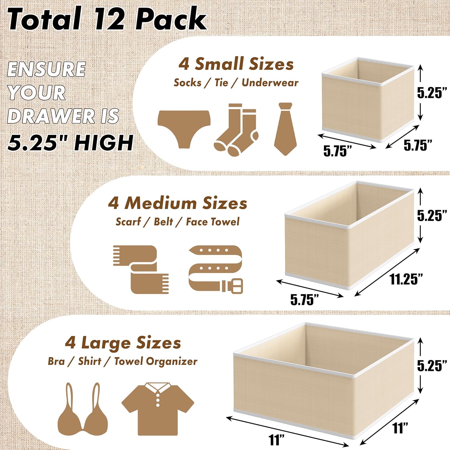 Simple Houseware Foldable Drawer Organizer Set - 12 Beige Fabric Storage Bins for Clothes & Accessories