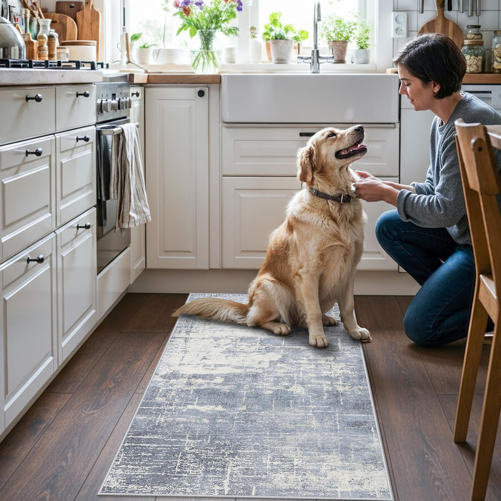 Skiennix Washable Kitchen Area Rug - Abstract Stain-Resistant, Non-Slip, Ultra Soft | 2x4, Blue/Ivory