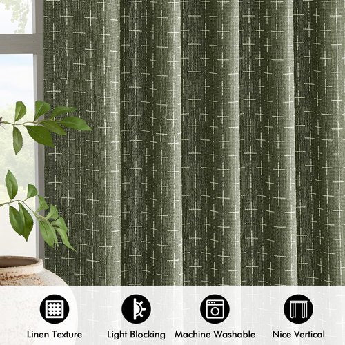 MIULEE Linen Curtains - Geometric Patterned Drapes for Living Room & Bedroom | 84-Inch Olive Green, 2 Panels Set