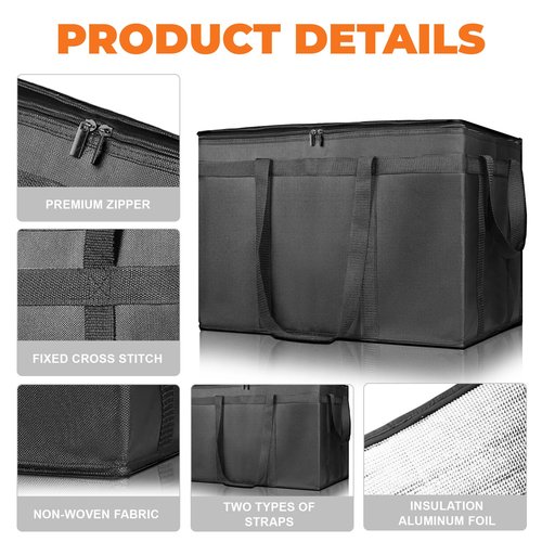 Pack of 2 Insulated Food Delivery Bag with Hard Bottom, XXXL Large Reusable Thermal Cooler Grocery Tote Bag, Commercial Pizza Delivery Box Carrier for Uber Eat, Door Dash Essentials, Hot and Cold Food