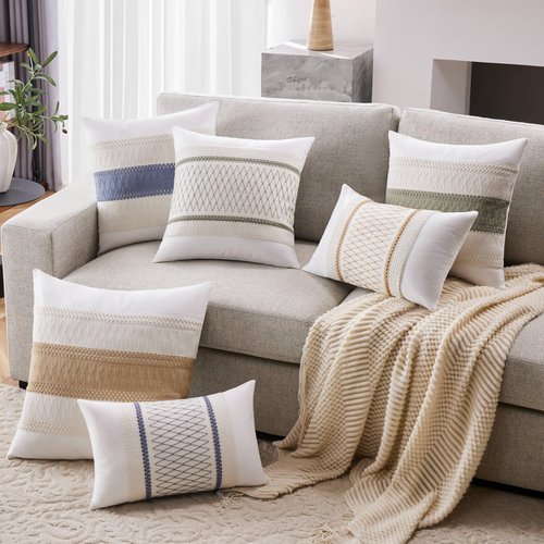 YZJZEDS Soft Cotton Boho Throw Pillow Covers Set of 2, Natural White/Contrast Green 18x18 Inch, Sage Green Farmhouse Decorative Cushion Covers for Sofa Bed Living Room Home Decor