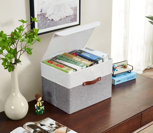 DECOMOMO Fabric Storage Bins - Stylish Grey and White Baskets with Lid | 3 Pack for Organized Shelving