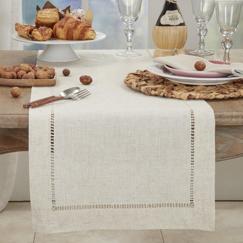 Saro Lifestyle Poly and Linen Blend Hemstitched Table Runner with Hemstitch Border, 16"x90", Natural