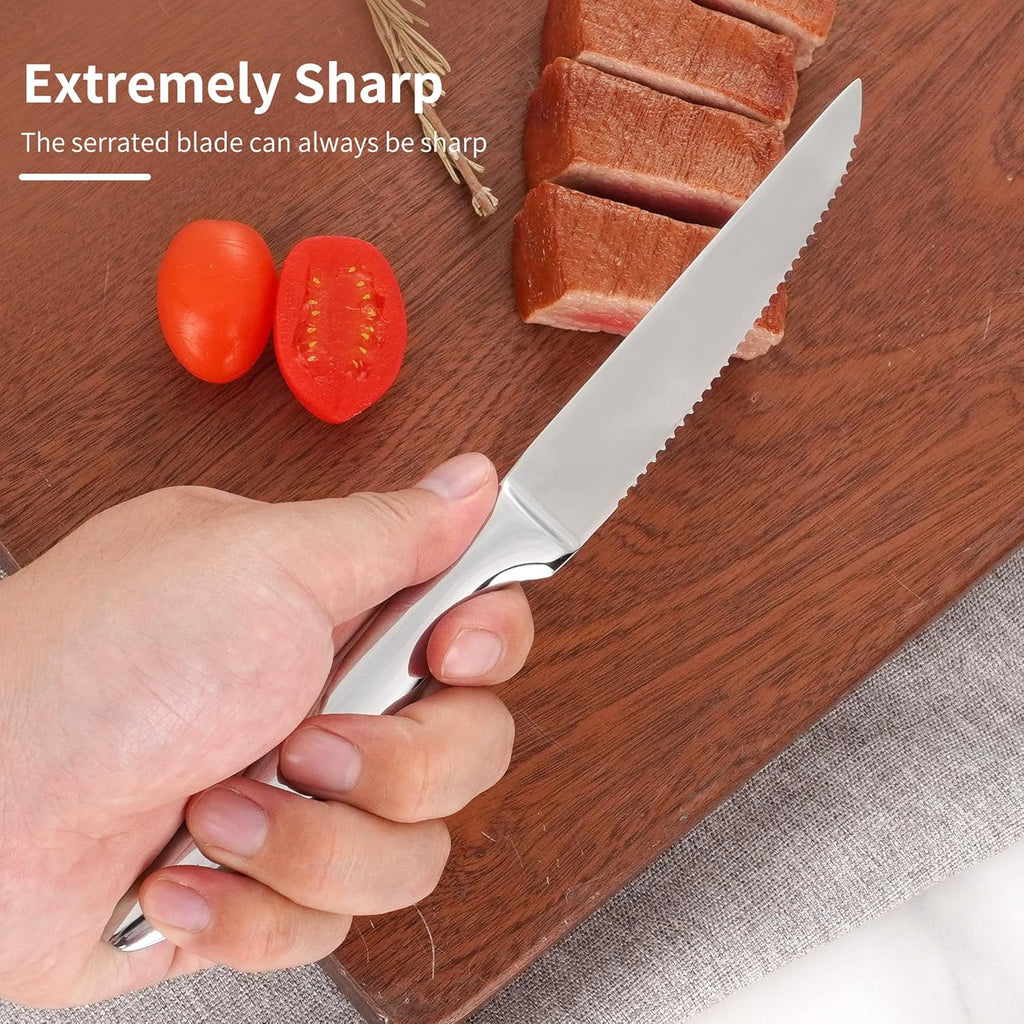 SuperCook Steak Knives Set - 12 Premium Stainless Steel Serrated Knives | Dishwasher Safe, Silver Finish