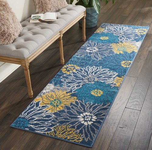 Nourison Passion Blue 2'2'' x 7'6'' Area-Rug, Floral, Farmhouse, Easy-Cleaning, Non Shedding, Bed Room, Living Room, Dining Room, Kitchen, (8' Runner)