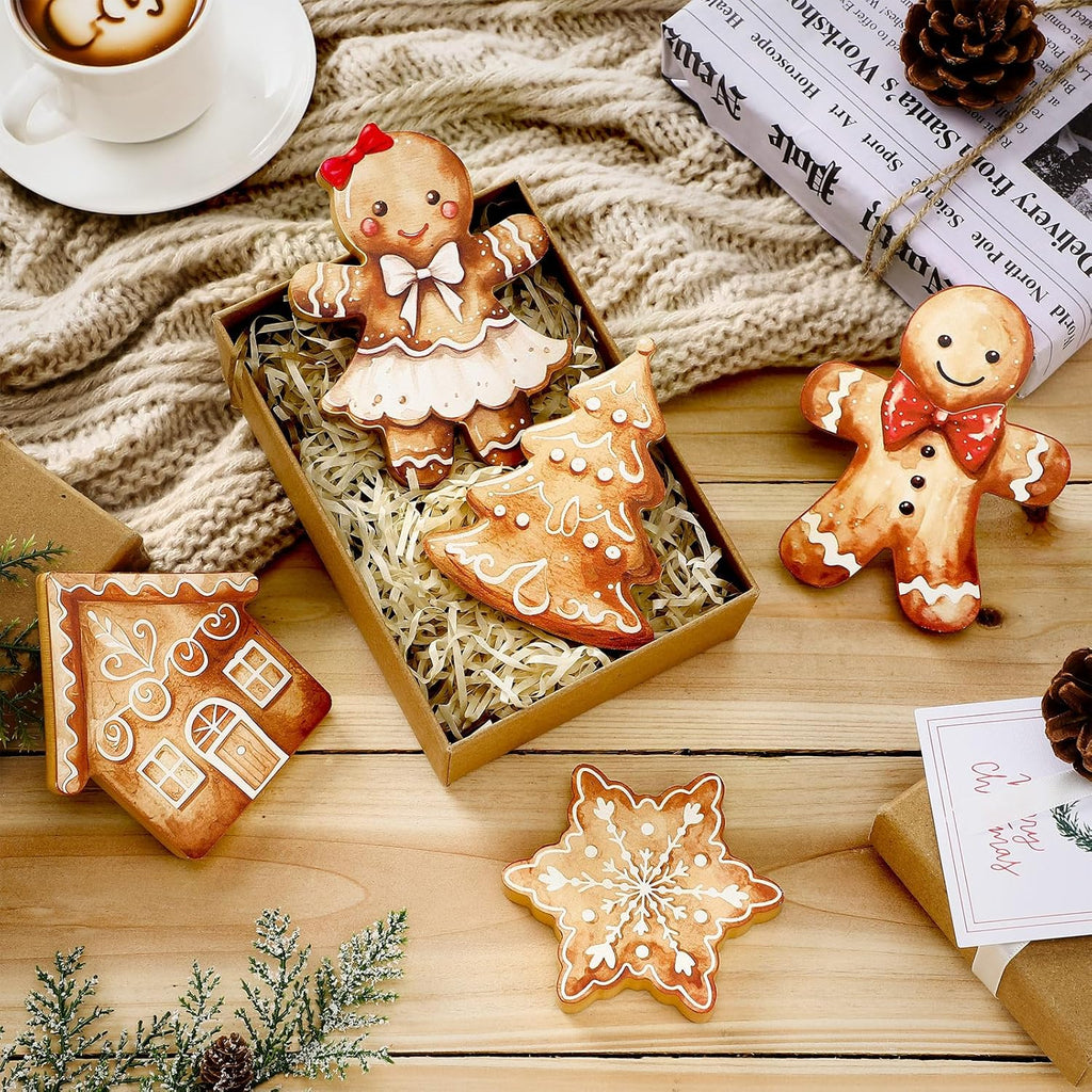 Threehoney Gingerbread Christmas Decorations - 5 Pcs Cute Wooden Table Decor for Home & Office