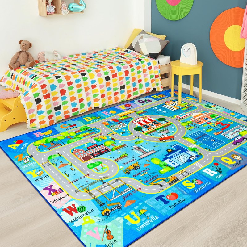 Chicrug 5x7 Car Road Area Rug for Kids Playroom Bedroom, Non Slip Low Pile Washable ABC Alphabet Carpet for Classroom, Track Play Mat for Toddler Children Nursery Baby Room Decor, Blue