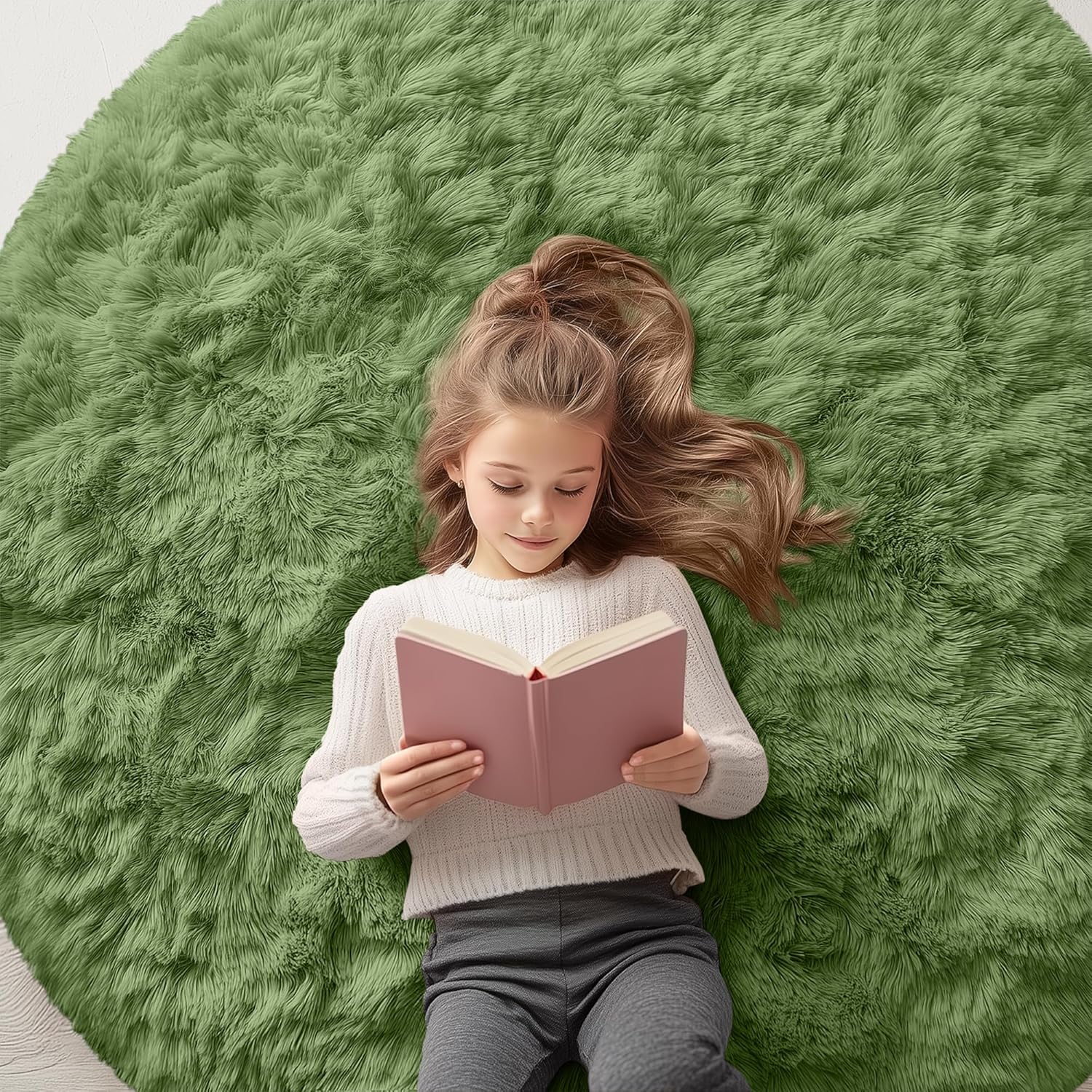 OLANLY Green Round Area Rug - Soft, Fluffy, Machine Washable 5 ft Circle Carpet for Bedroom & Living Room