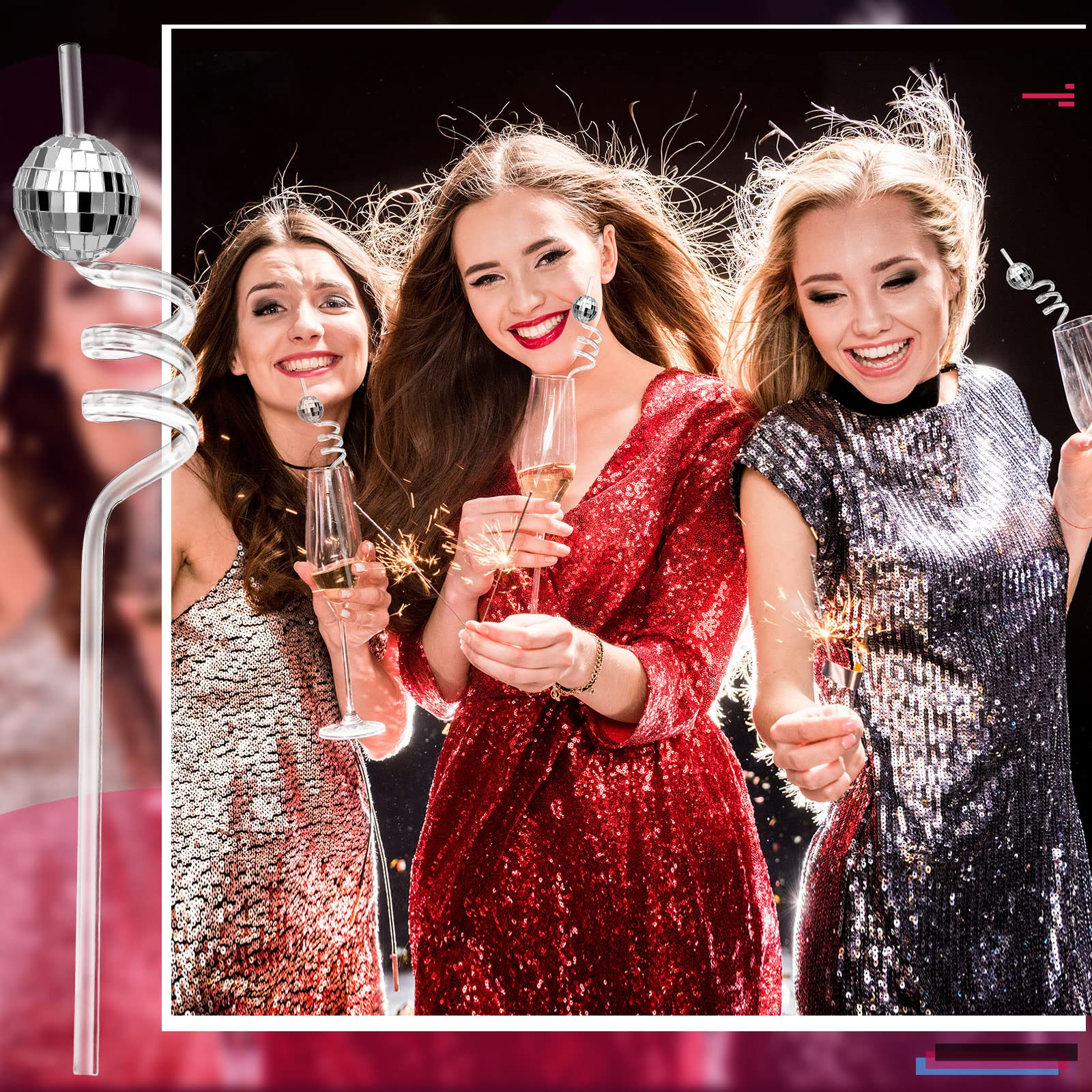 Chengu 24 Sets Disco Party Decorations, 70s Disco Ball Straw, Glitter Mirror Ball and Silver Plastic Straws for 1970s Retro Theme Bachelorette Party Decorations Birthday Supplies