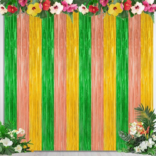 Hawaiian Party Decorations by [Brand Name] - 4 Pack Tinsel Backdrop | 3.28 FT x 7.05 FT Metallic Foil Curtains