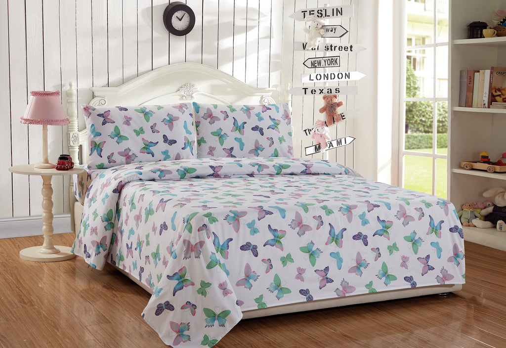 Linen Plus Comforter Set for Girls Butterflies Hearts Flowers Purple Turquoise Pink Green White New (Twin)