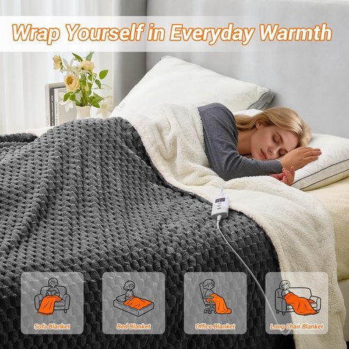GarveeHome Heated Blanket Electric Blanket Throw Size 50 in x60 in, 6 Heating Levels & 9 Hours Auto Shut Off, Cozy Soft Fleece Fast Heating Blankets Gift, Machine Washable, Grey