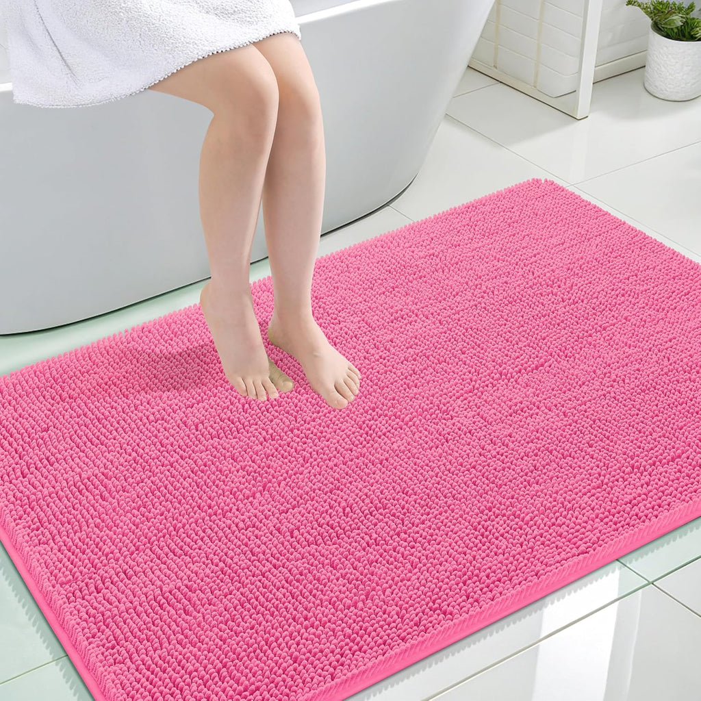 OLANLY Large Bath Rugs - Extra Soft Chenille with Rubber Backing | Quick Dry, Machine Washable, Hot Pink 47x32