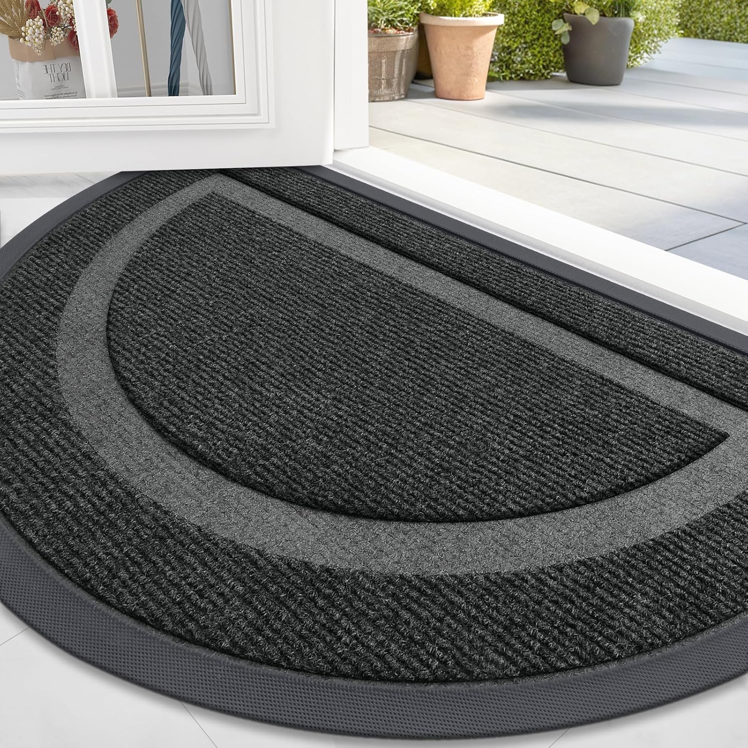 OLANLY Half Circle Door Mat - Waterproof All-Season Doormat for Indoor/Outdoor Use | 36x24, Black