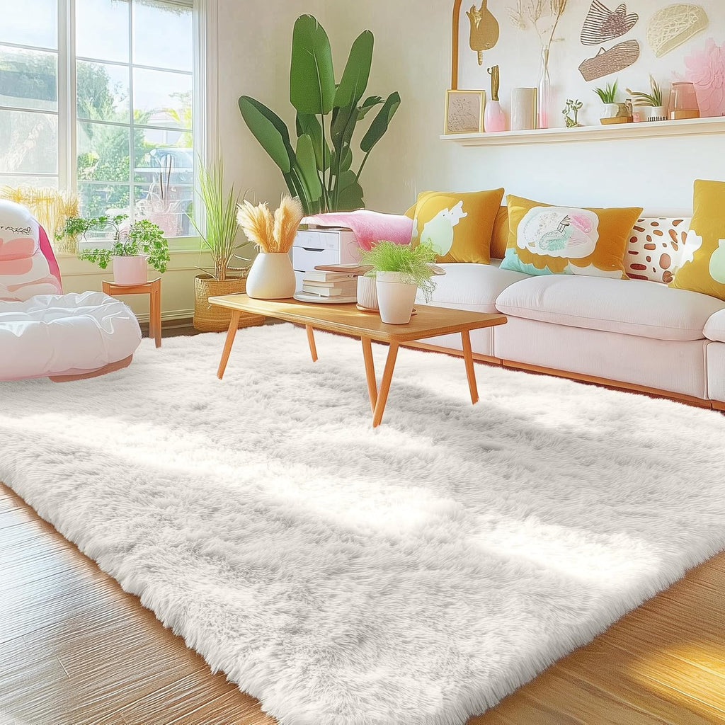 OLANLY Area Rug - Soft Fluffy Shaggy Carpet for Living Room & Bedroom | Machine Washable Ivory 4x7