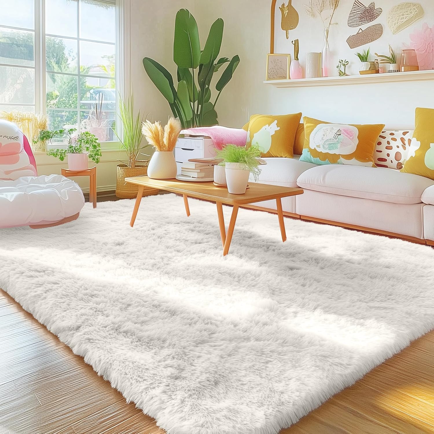 OLANLY Area Rug - Soft Fluffy Shaggy Carpet for Living Room & Bedroom | Machine Washable Ivory 4x7