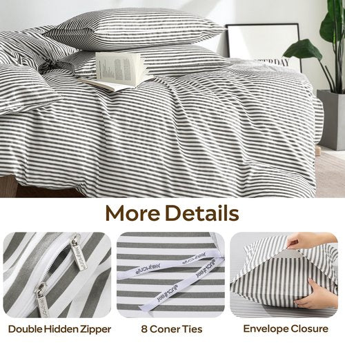 JELLYMONI 100% Natural Cotton 3pcs Striped Duvet Cover Sets,White Duvet Cover with Grey Stripes Pattern Printed Comforter Cover,with Zipper Closure & Corner Ties(Queen Size)