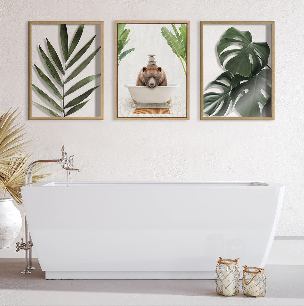 Kate and Laurel Sylvie Big Bear Bali Bath Framed Canvas Wall Art by Amy Peterson Art Studio; 18x24 Natural; Botanical Animal Bathroom Art