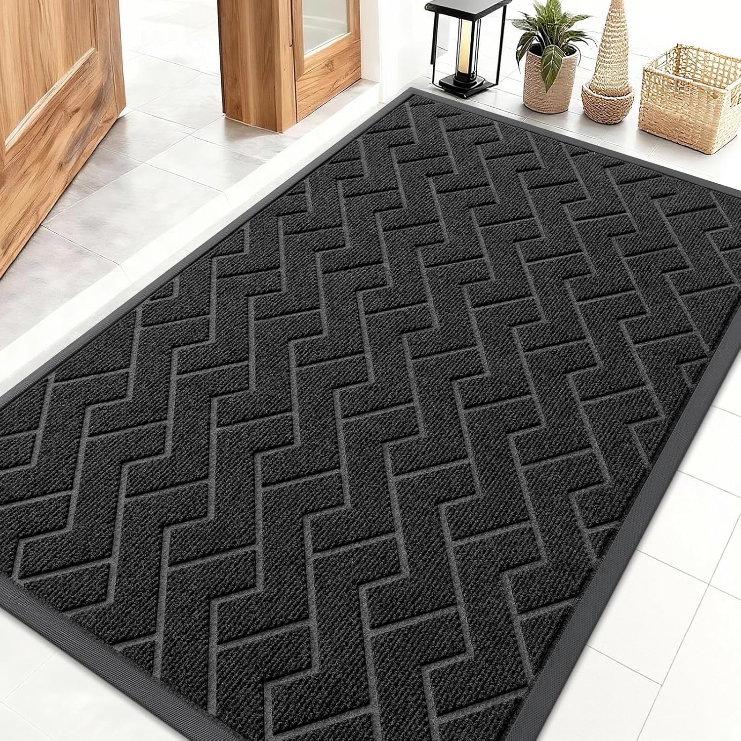 OLANLY Waterproof Front Door Mat - All-Season Herringbone Doormat | Sturdy Natural Rubber, Easy Clean (Black, 47x32)