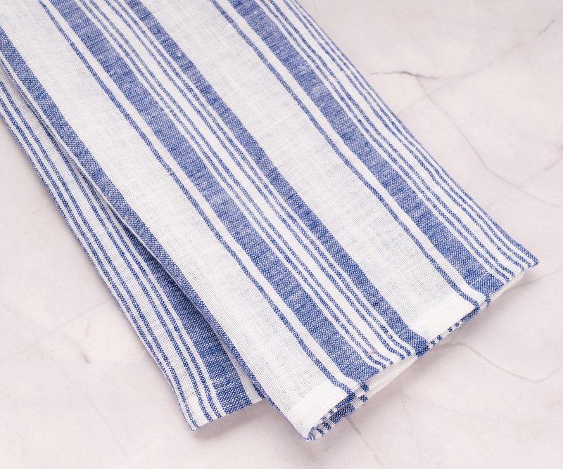 Linen Kitchen Towels, 100% Pure Linen Hand Towel (18 x 28 inches), French Striped Dish Towels for Kitchen, Farmhouse-Style Tea Towel for Washing Dishes, Striped Blue Towel Set of 2