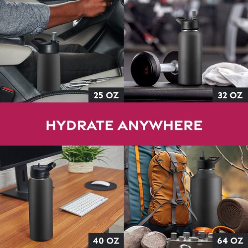 FineDine Triple Walled, Insulated Water Bottles with Straw - 40 Oz Stainless Steel Metal Bottle W/ 3 Leak Proof Lids - For Travel, School, Sports, Gym/Men, Women & Kids - Inky Raven Black