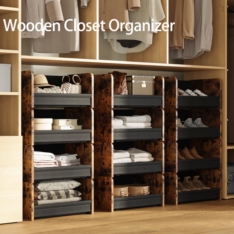 FOUCSSOMEI Closet Organizer and Storage, 4 Tier Stackable Storage Organizer, Wooden & Metal Closet Shelves, Modular Clothes Organizer, Storage Shelf, Bedroom & Closet Organization, Patent Design