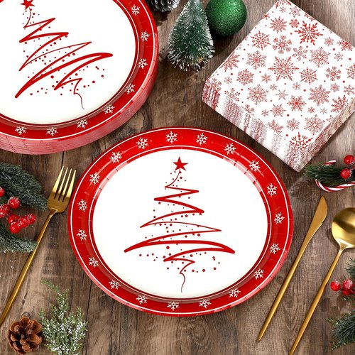 Yiyiring 150 Pcs Christmas Paper Plates and Napkins, 50 11 Inch Christmas Tree Disposable Oval Plates and 100 13 Inch Snowflake Napkins for 50 Guests Dinnerware Winter Party Supplies