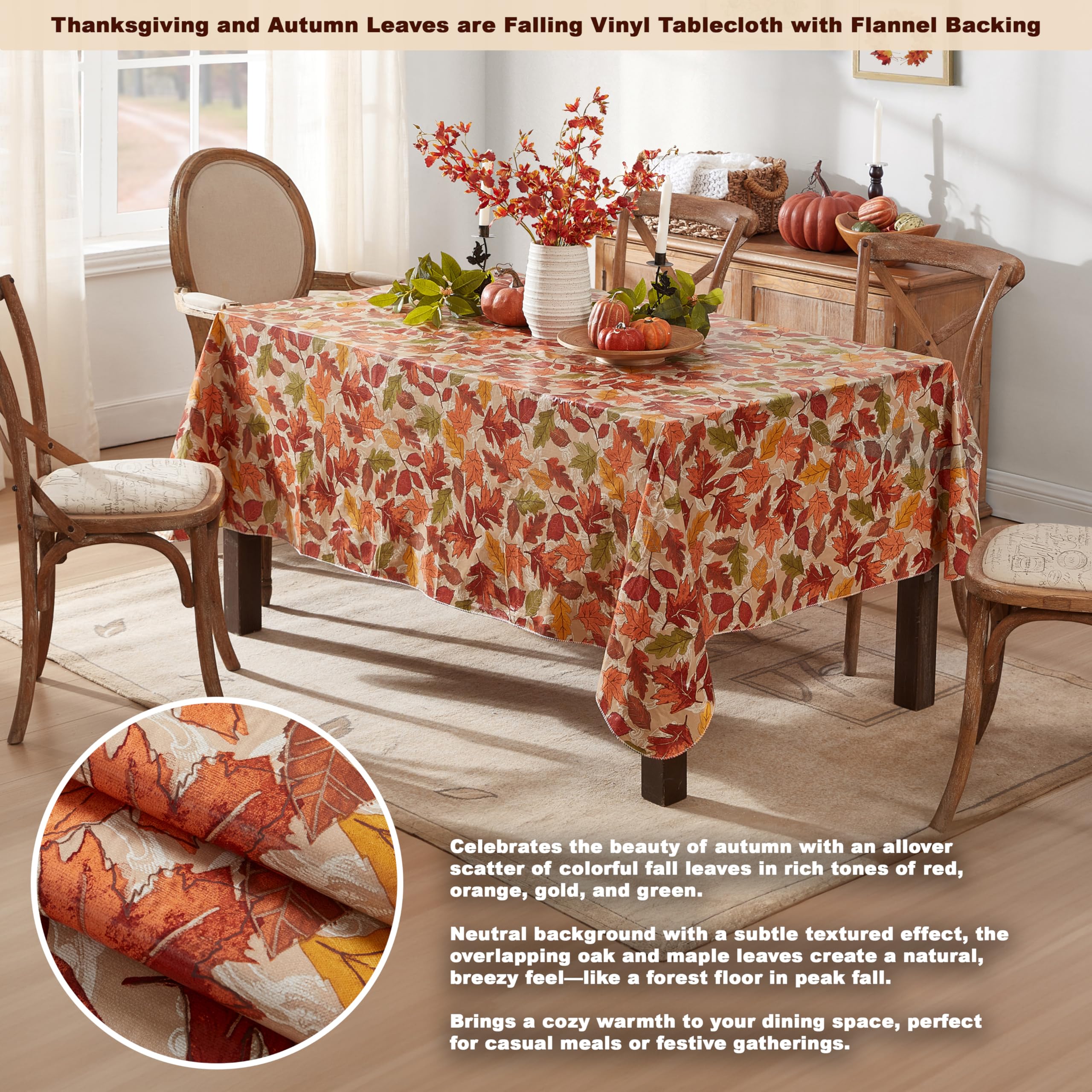 Newbridge Thanksgiving Leaves are Falling Vinyl Tablecloth with Flannel Backing Fall Season Contemporary Leaf Design, 60 x 84 Inch Rectangle Table Cover