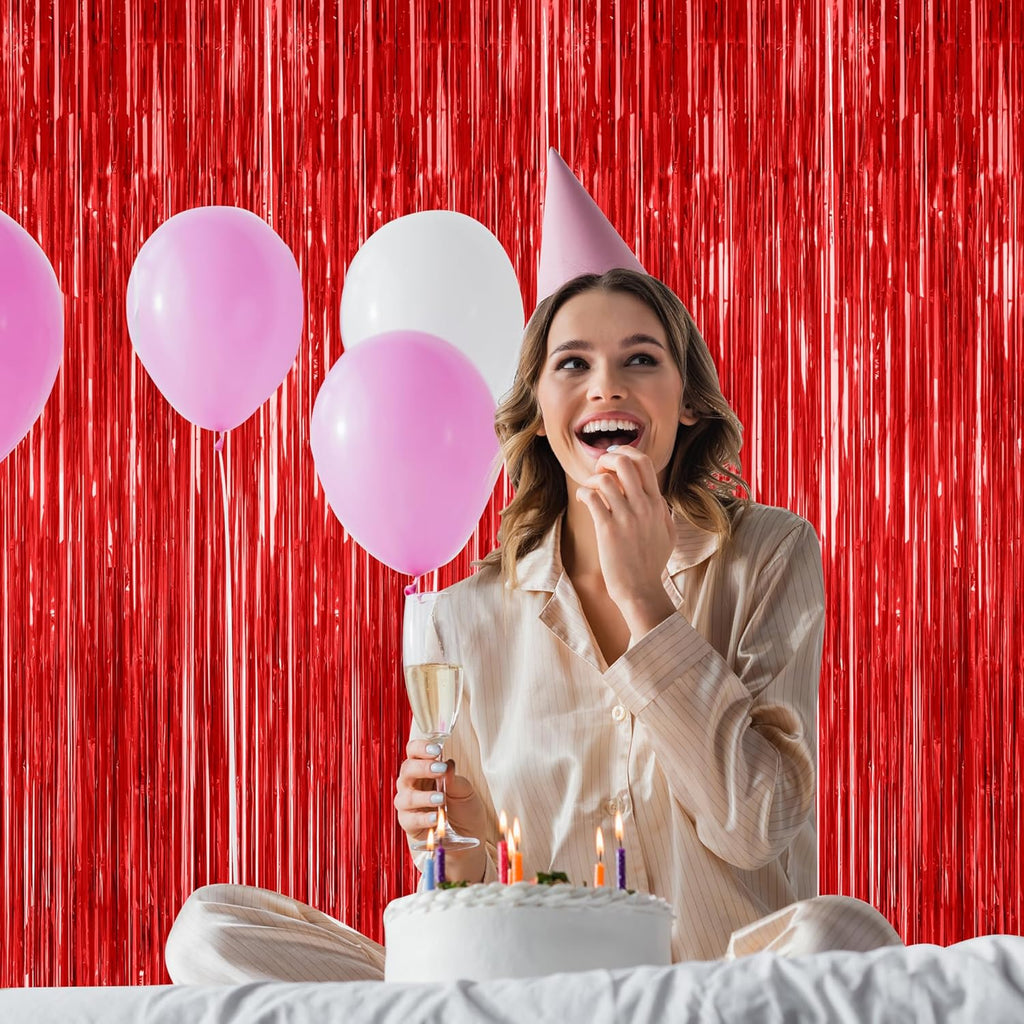 Regine Switzerland Red Backdrop - 8 Pack Metallic Foil Fringe Curtains | 3.28 FT x 7.05 FT Party Decor