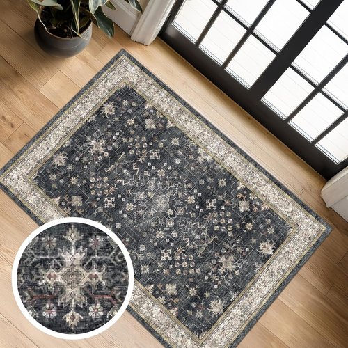 Black Washable Entry Rug by [Brand Name] - Non-Slip Rubber Backing, Stain & Fade Resistant | 2x3 Size for Kitchen & Bathroom