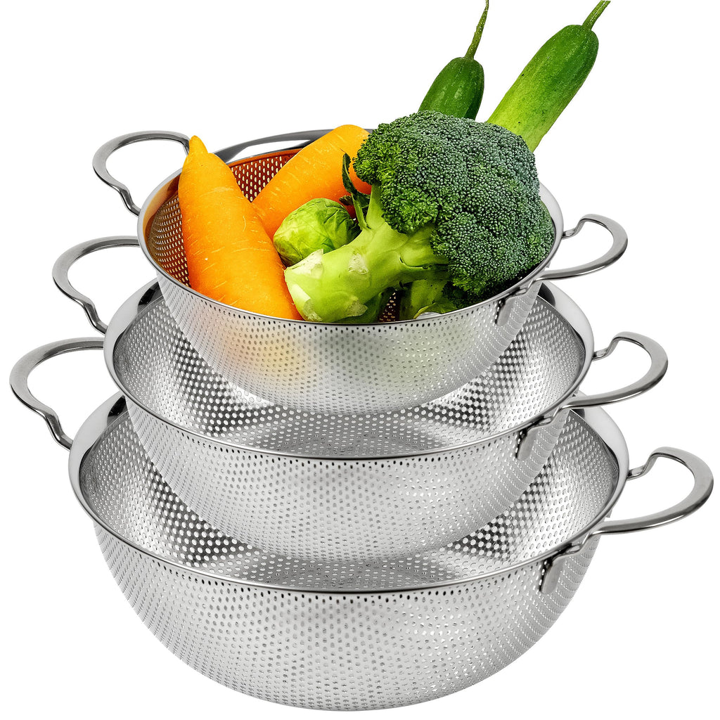 COMPORT K Premium 18/8 304 Stainless Steel Set of 3 – Micro-Perforated Strainers with Handles, Self-Draining Base for Pasta Vegetables Fruit, Heavy Duty (4, 6, 8 Qt) Made in Korea
