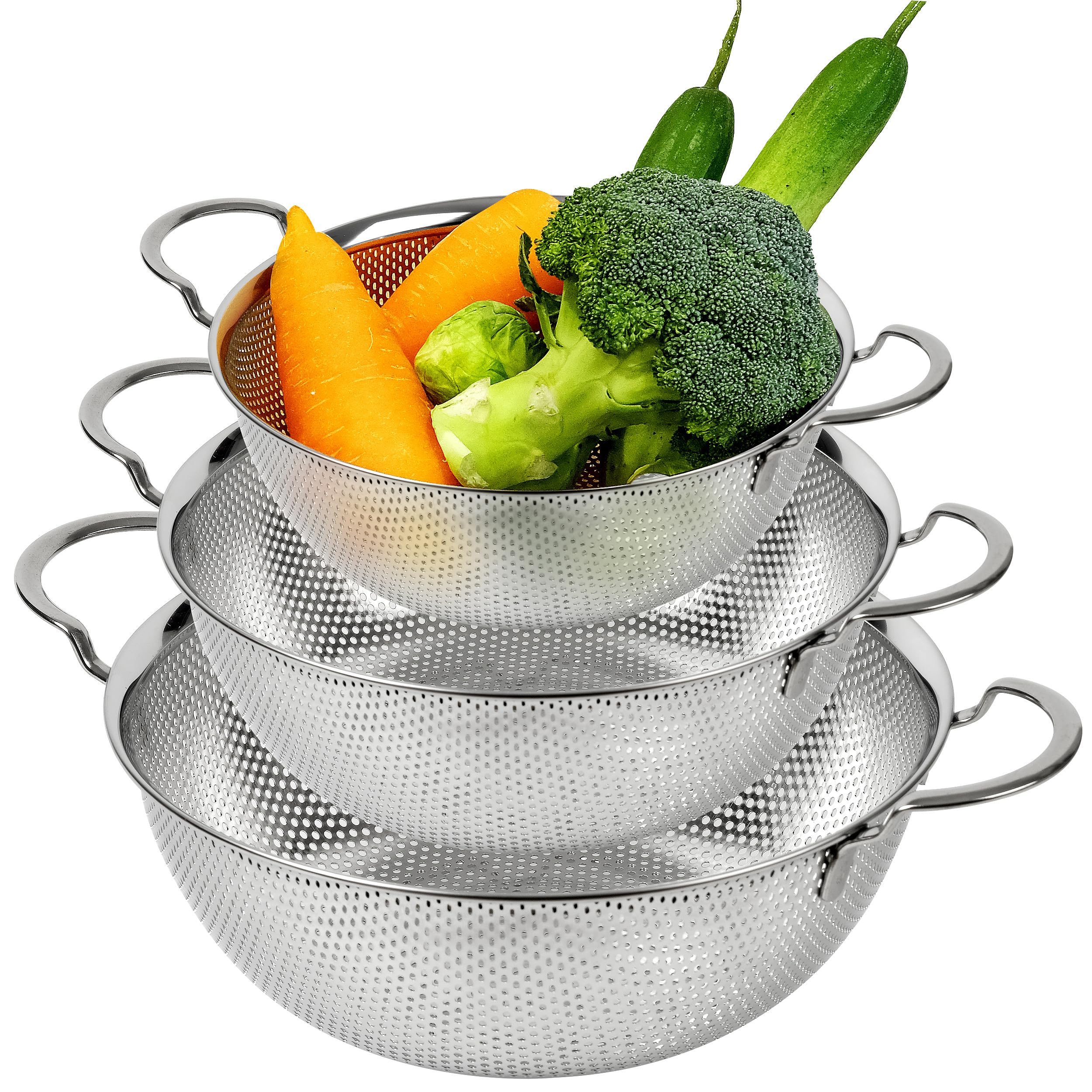 COMPORT K Premium 18/8 304 Stainless Steel Set of 3 – Micro-Perforated Strainers with Handles, Self-Draining Base for Pasta Vegetables Fruit, Heavy Duty (4, 6, 8 Qt) Made in Korea