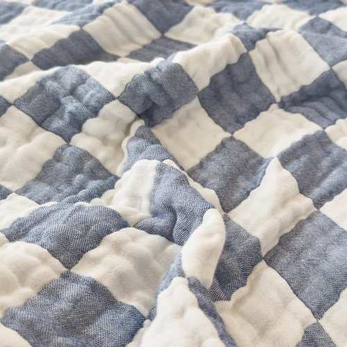 Ultra Soft Cozy 6-Layer Checkered Muslin Blankets for Adults 100% Cotton King Size 90"x104" Bed Blanket Breathable Lightweight Suitable for All Seasons Both Sides Blue