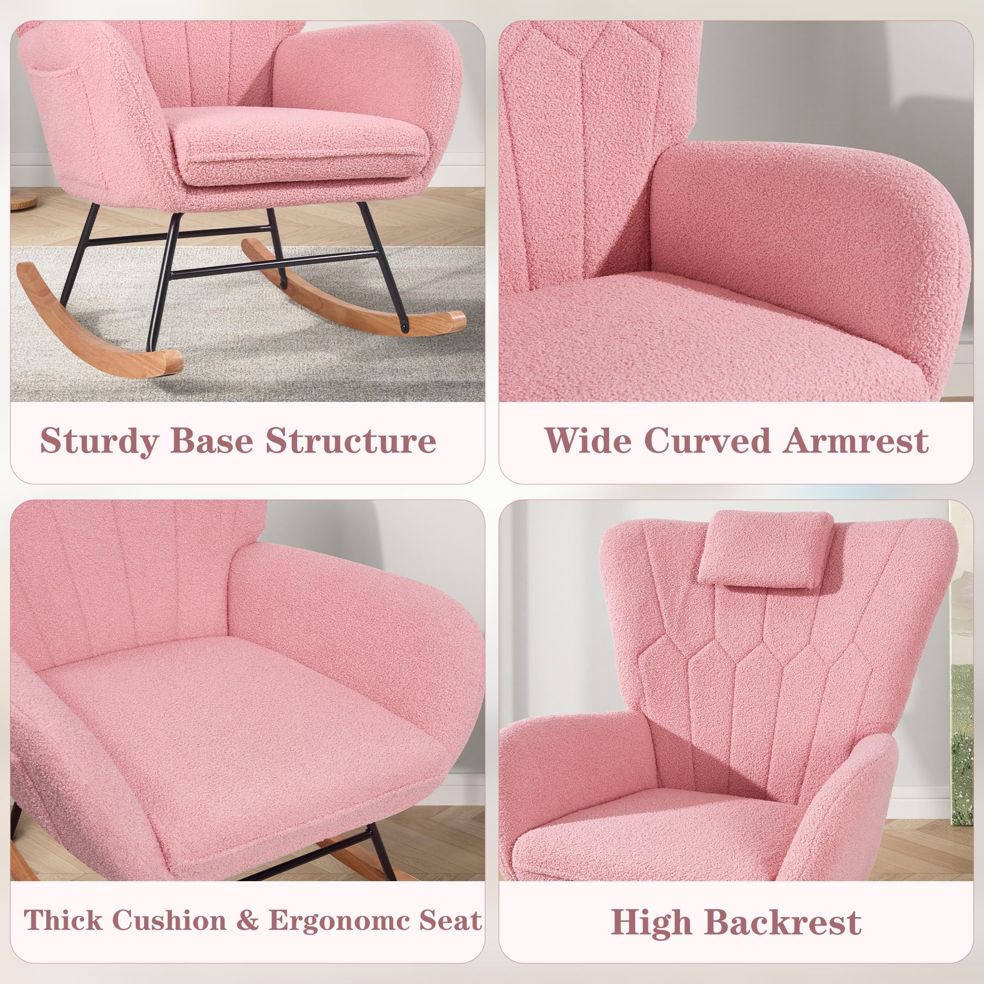 VECELO Rocking Chair Nursery with Thick Headrest, Modern Teddy Upholstered Reading Glider Rocker Accent Armchair with High Backrest, Padded Seat, Side Pocket, for LivingRoom, Bedroom, Baby Room, Pink