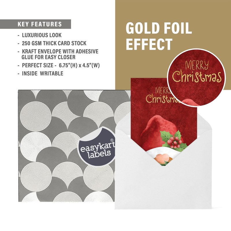 easykart labels 60 Christmas Gnome Cards with Envelopes & Sealing Stickers, 4 Christmas Theme Santa Designs With Gold Foling effect, 6.75" x 4.5" For Friends, Family and loved Ones