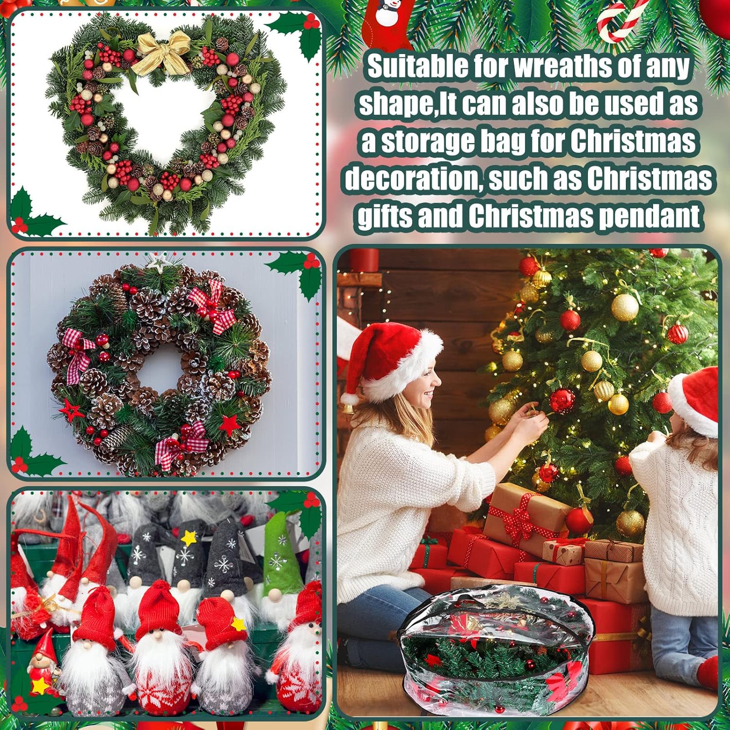 Shappy 24-Inch Clear Christmas Wreath Storage Bag - Durable Plastic with Dual Zippers & Reinforced Handles