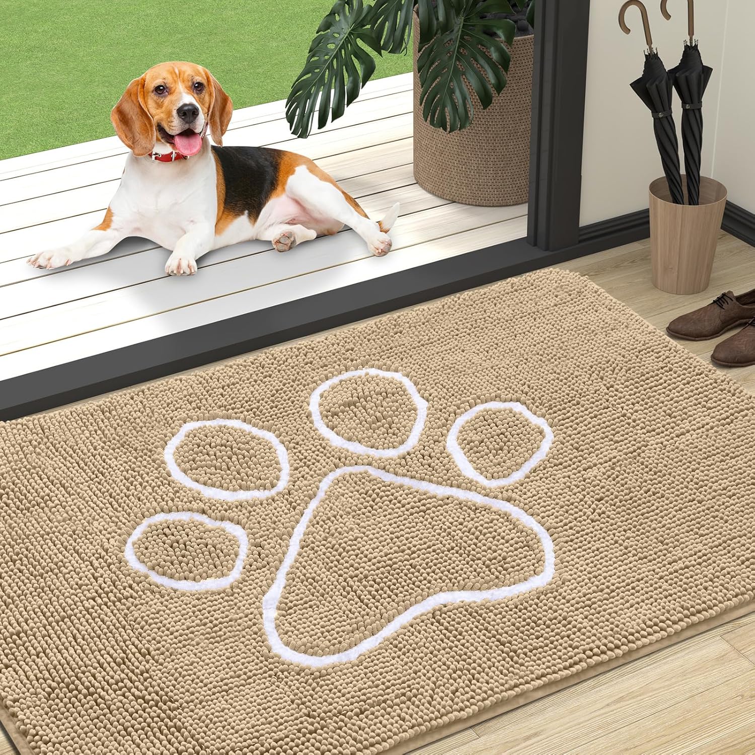 OLANLY Dog Door Mat - Absorbent Non-Slip Mud Mat for Dogs | Quick Dry Chenille, 47x32, Beige