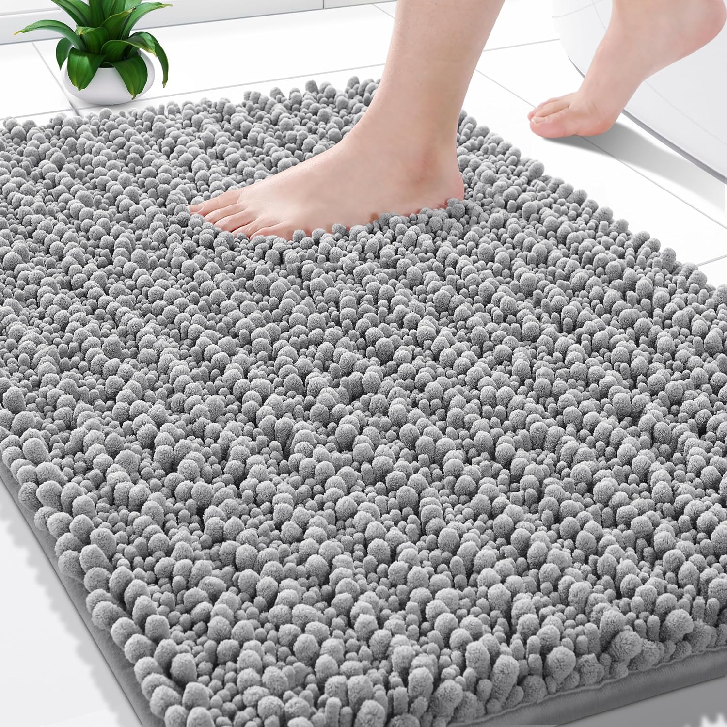 Yimobra Bathroom Rugs - Ultra Soft Non-Slip Chenille Bath Mat | Quick-Dry Shaggy Carpet, Gray 24x17 Inch