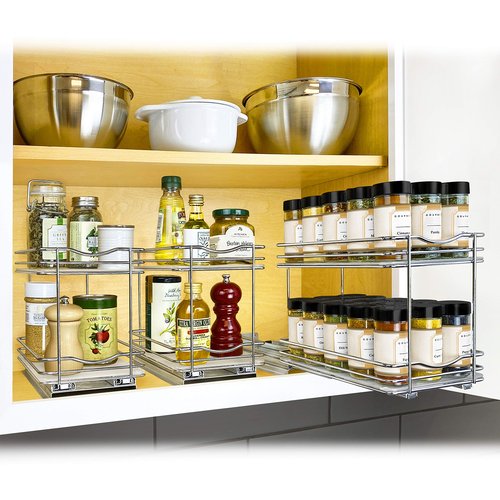 LYNK PROFESSIONAL® Pull Out Spice Rack Organizer for Inside Kitchen Cabinets - 6-3/8 inch Wide - Slide Out Drawer – Chrome Sliding Spice Organization for cabinet - Spice Racks - 2 Tier