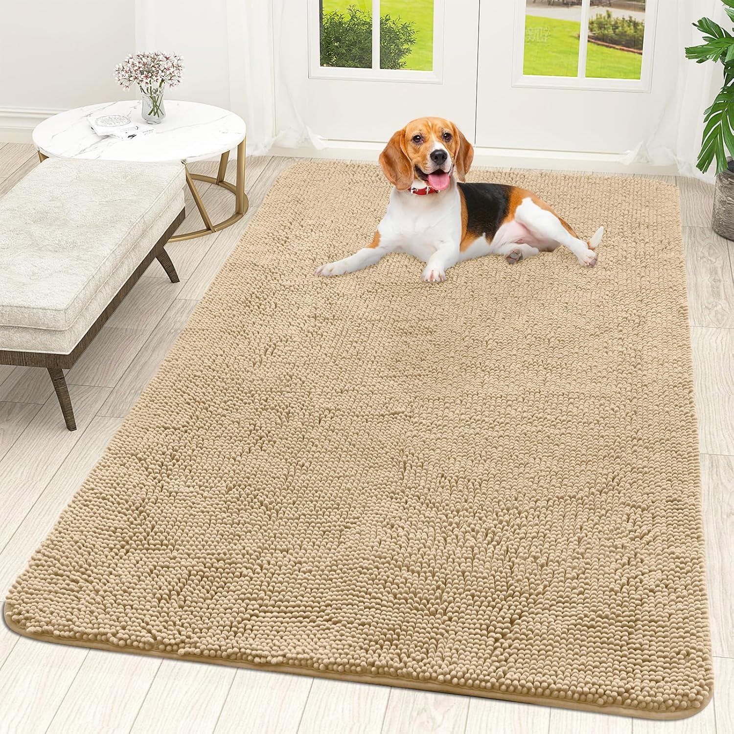 OLANLY Dog Door Mat - Absorbent Non-Slip Chenille Mat for Muddy Paws | 70x46, Quick Dry, Beige