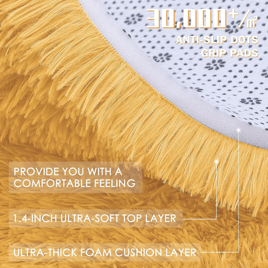 OLANLY Mustard Yellow Round Rug - Soft, Fluffy Shaggy Carpet | 7 ft Machine Washable Area Rug for Bedroom & Living Room Decor