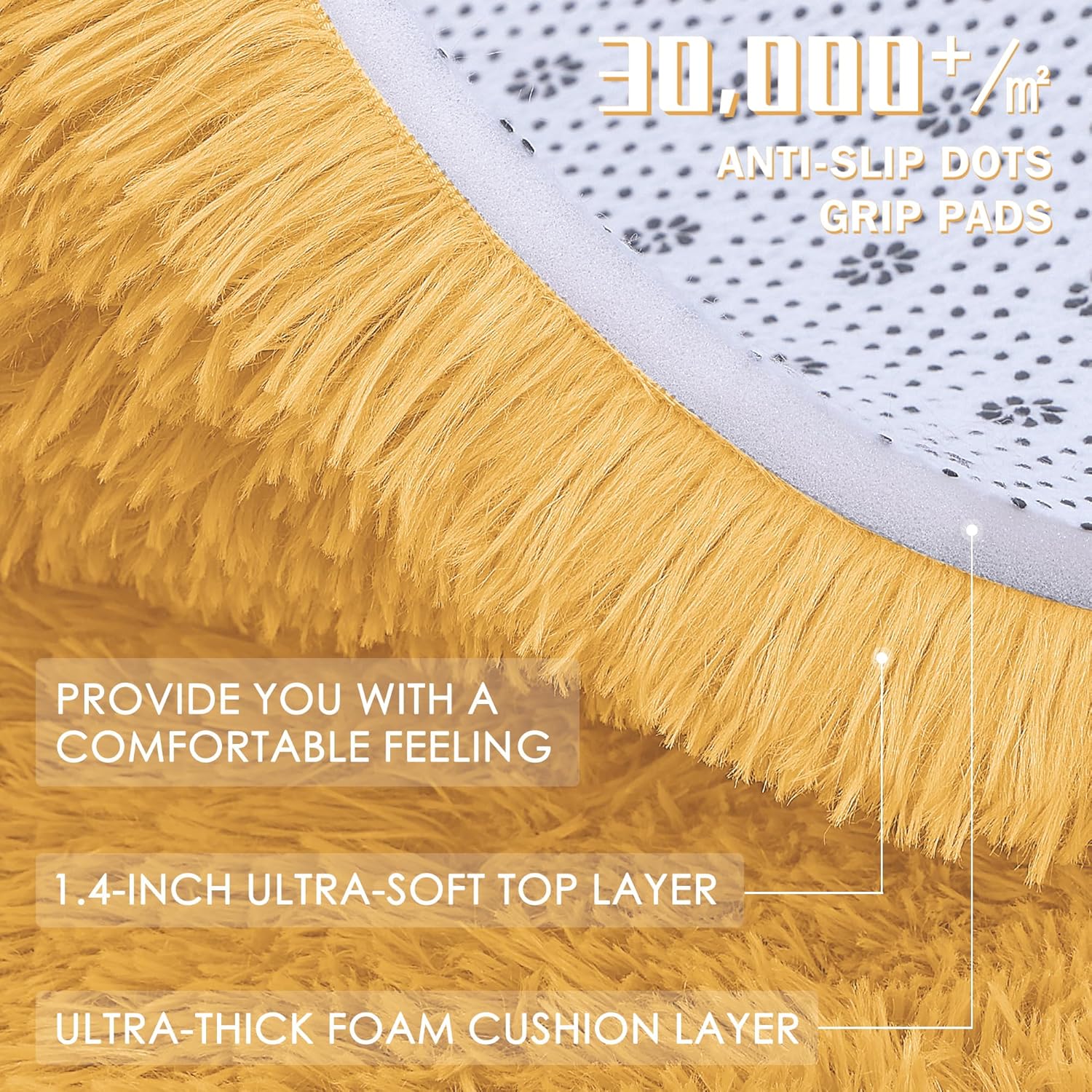 OLANLY Mustard Yellow Round Rug - Soft, Fluffy Shaggy Carpet | 7 ft Machine Washable Area Rug for Bedroom & Living Room Decor