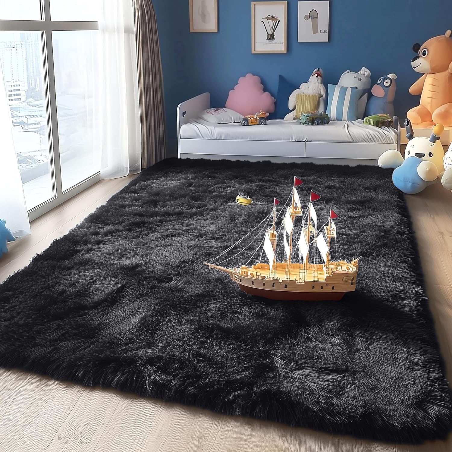OLANLY Large Area Rug - Soft Fluffy Shaggy Carpet for Living Room & Bedroom | 5x8 Black Design